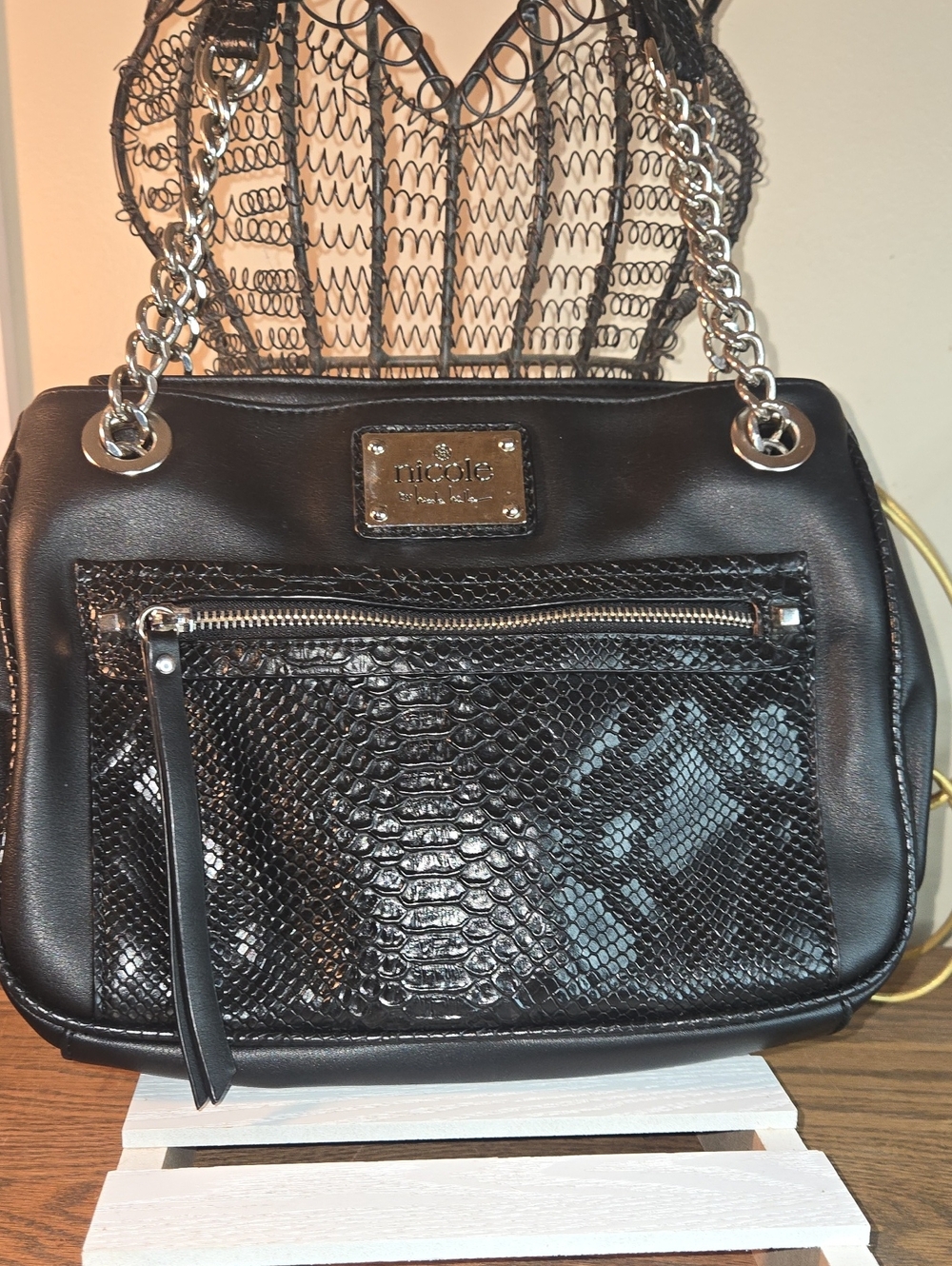 Nicole Miller Black Snake-Embossed Chain Shoulder Bag